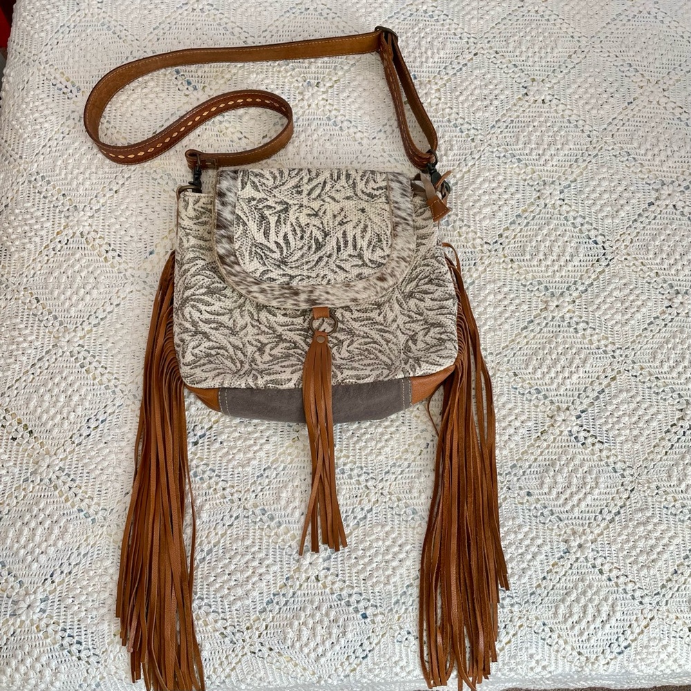 Myra Canvas with Calf Hair Trim Western Boho Fringe Trim Messenger Bag